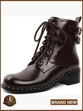 Chunky Lace Up Combat Boots with Buckle Straps Studded Low Block Heel Ankle